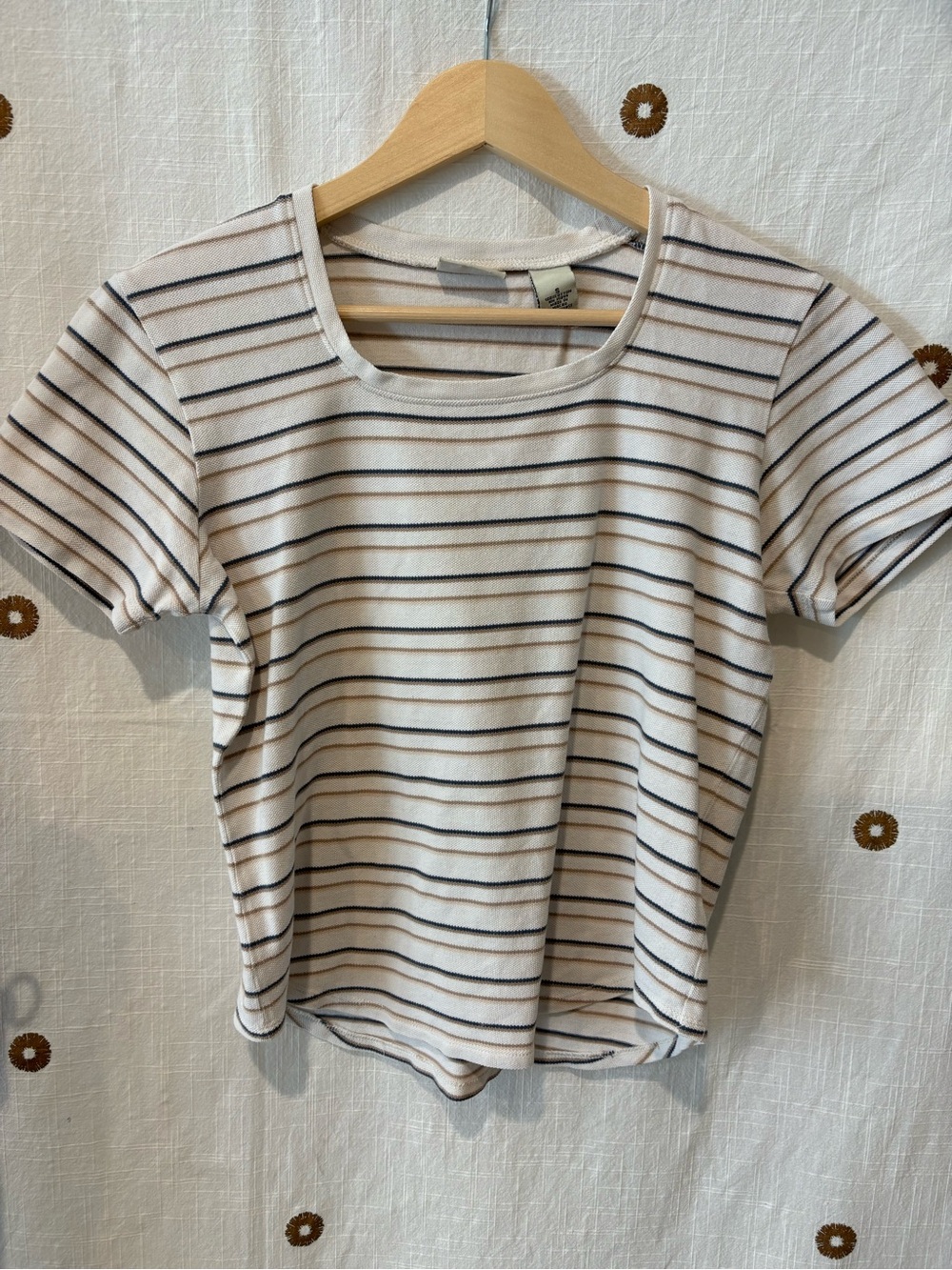 Women’s Striped Short Sleeve Baby Tee - White with Navy & Tan Stripes